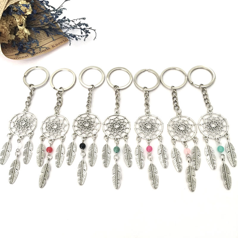 Silver-color Dreamcatcher Keychain Feather Leaf Dreamnet Catcher Keyholder Pink Blue White Bead Hanging Decoration от DHgate WW