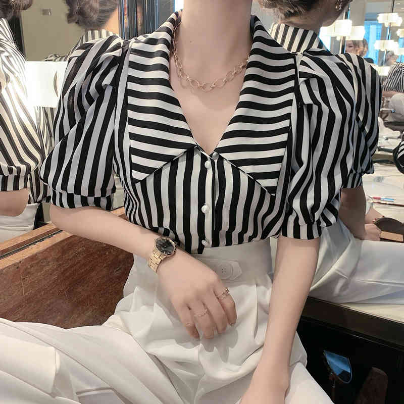 Vintage Lapel Short Sleeve Black Striped Shirts Women Loose Summer Fashion Clothing Red Tops Blusas Mujer Elegant Sexy Blouse 210429