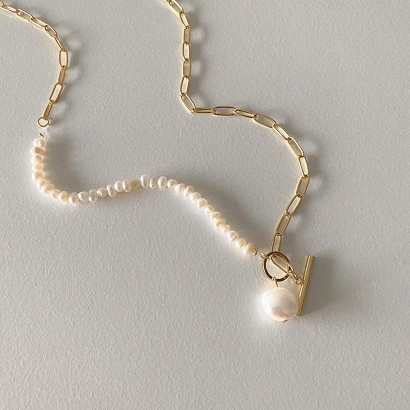 Chokers Elegant Natural Freshwater Pearl Necklace For Women Gold Chunky Link Chain Asymmetry Toggle Clasp Circle