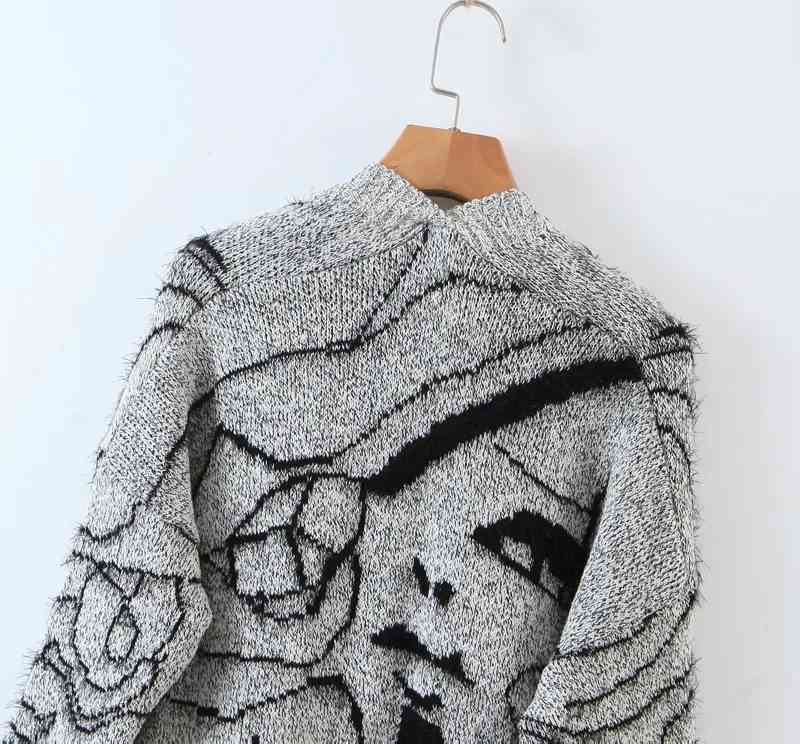 Fashion Women Sweater Loose Abstract Beauty Pattern Lady Mid Length Knitted Cardigan 210521