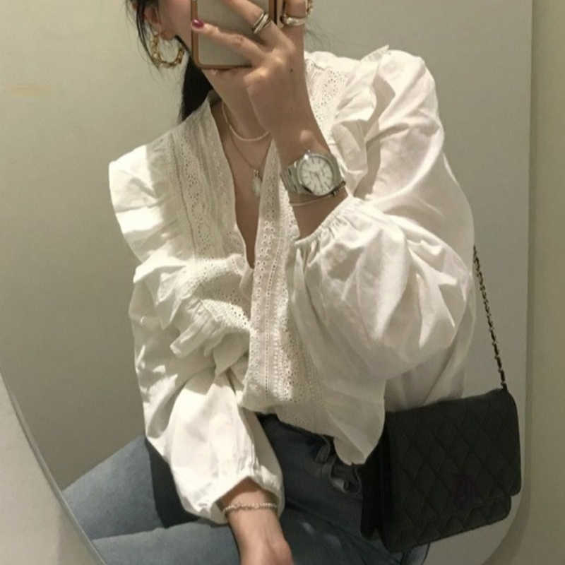 Korean Chic Women Tops Ruffle Patchwork V-neck Blouse Shirt Spring Lantern Sleeve Blusas Mujer De Moda 6G686 210603