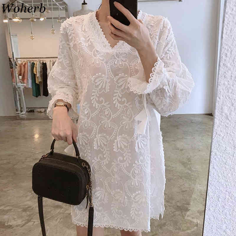 Summer Dress Women White Lace Embroidery Korean Style Fairy Dresses Kawaii Elegant Vintage Robe Mini Vestidos 210519