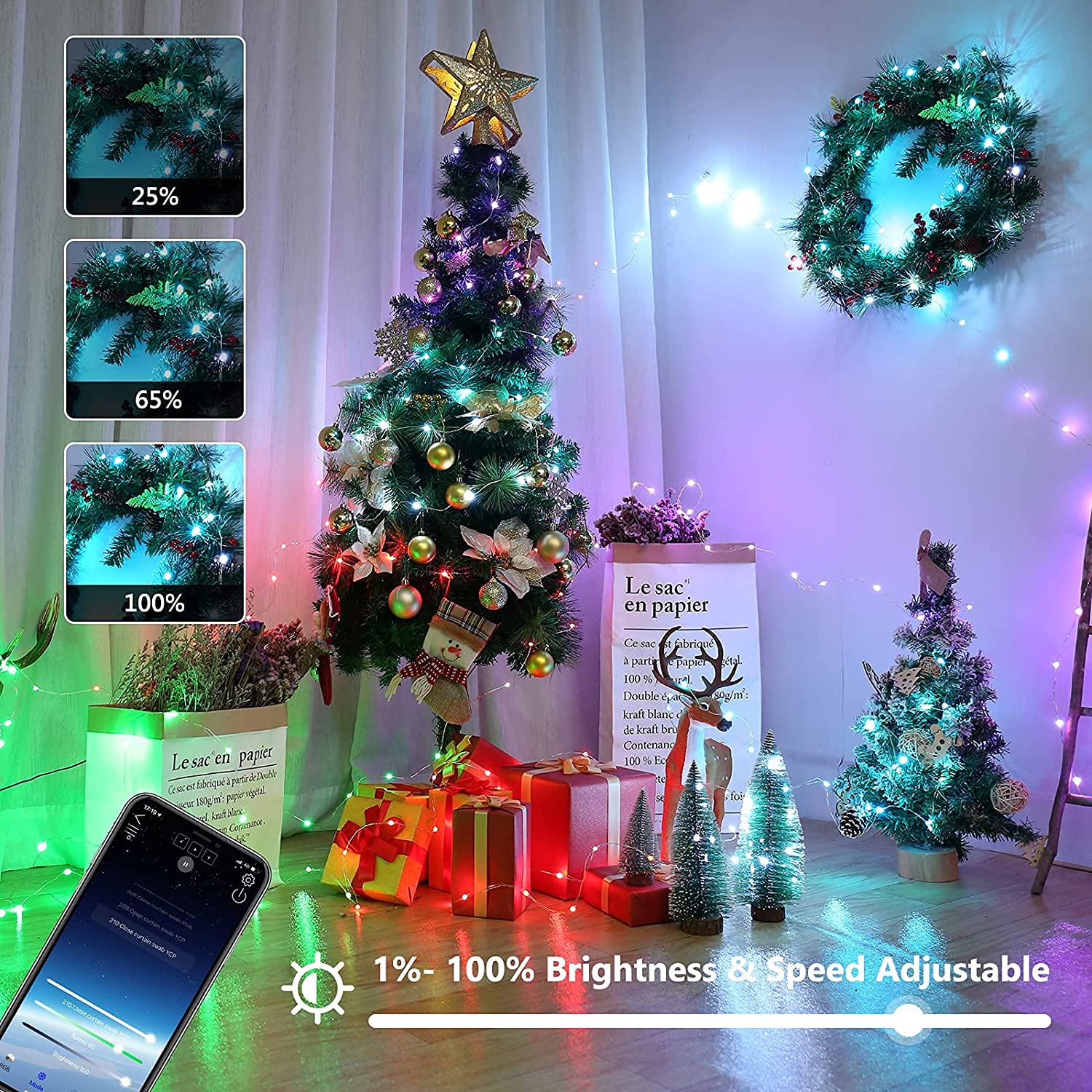 LED Wi-Fi String Lights 5M 10M 15M 20M Smart App Bluetooth Control Multi-modes Color Changing Music Sync Marquee for Christmas Tree Holiday Decoration