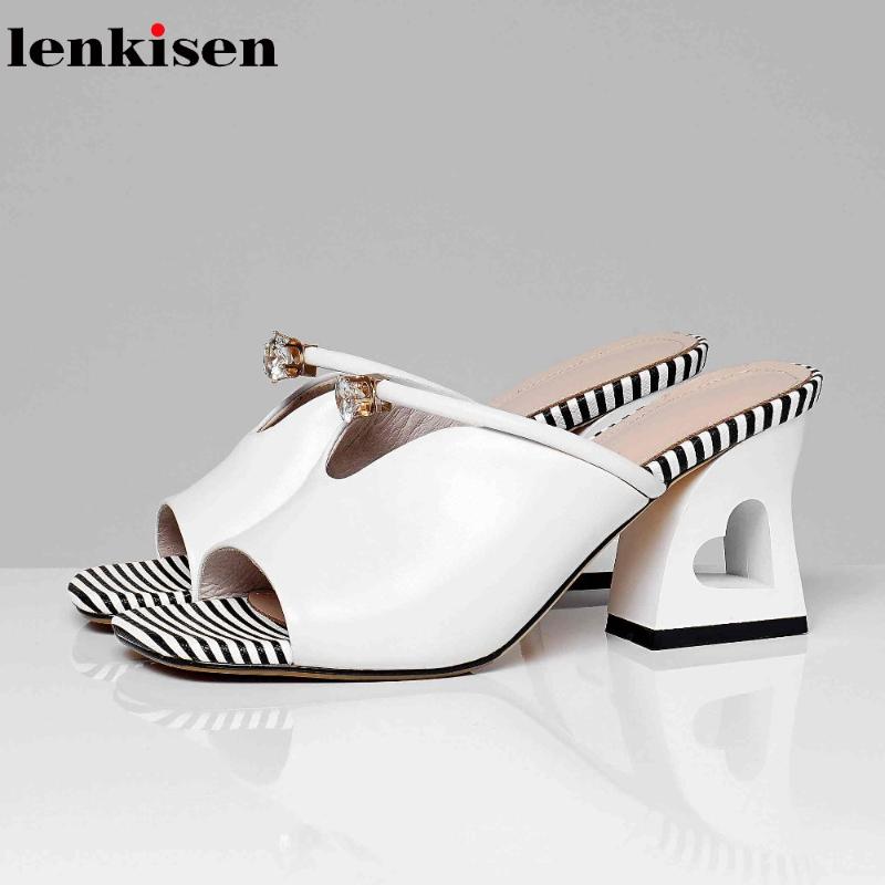 Lenkisen Genuine Leather Mules Women Slip On Strange Style Fretwork High Heel Rhinestone Fasteners Crystal-studded Sandals L37, Black
Lenkisen Genuine Leather Mules Women Slip On Strange Style Fretwork High Heel Rhinestone Fasteners Crystal-studded Sandals L37, Black
