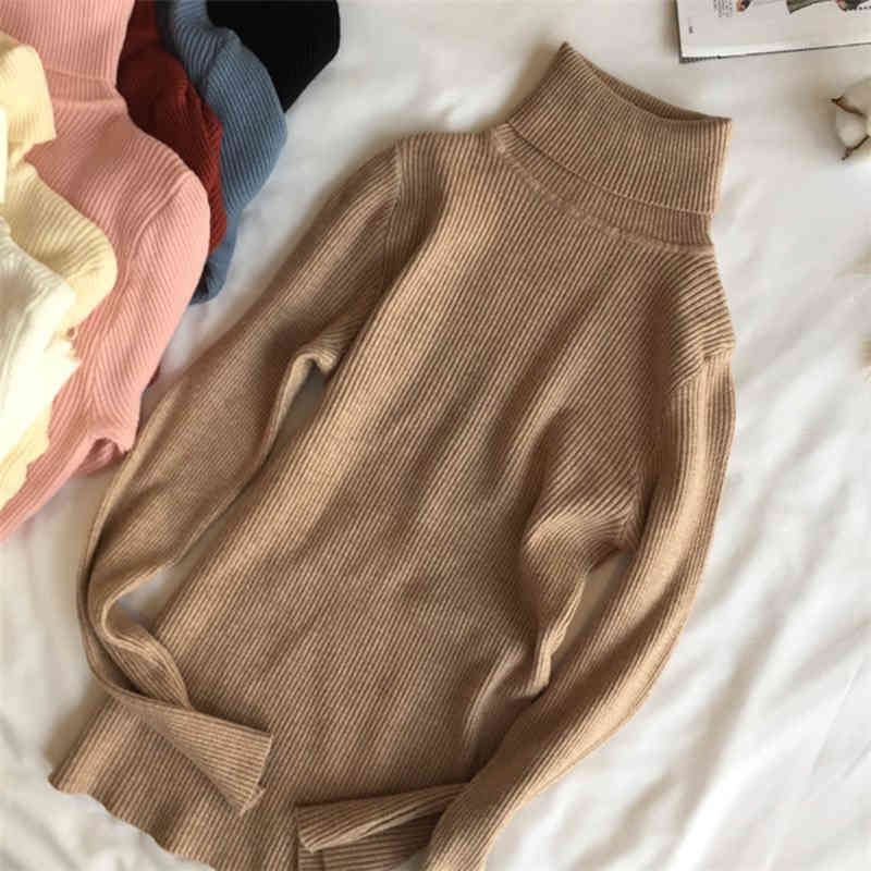 Knitted Ribbed Pullover Sweater Slim Soft Warm Pull Long Sleeve Turtleneck Autumn Winter Sweater Women Jumper Femme 6897 50 210417