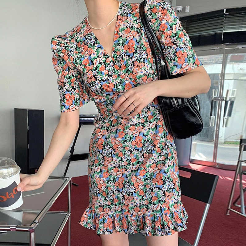 Korejpaa Women Dress Korean Chic Temperament Elegant Violet Shredded Flower V-neck Waist Bag Hip Lotus Leaf Side Vestido 210526