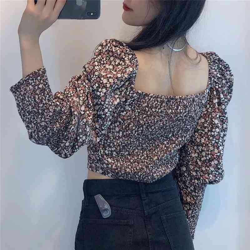 Vintage Women Floral Print Shirts Fashion Ladies Chiffon V-Neck Tops Streetwear Female Chic Puff Sleeve Blouses 210430