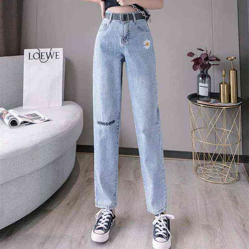 Daisy Embroidery Denim Jean Women High Waist Jeans Plus Size Denim Harem Trousers Mujer Vintage Casual Jeans Straight Women Pant 211112