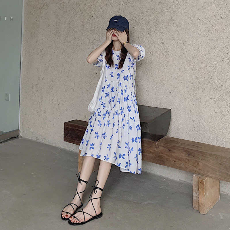 Summer Sweet Fresh Print O-neck Puff Sleeve Dresses for Women Fashion A-line Silm Elegant Office Lady Vestidos 210525