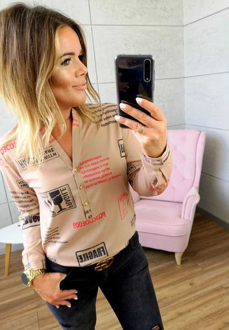 White Letter Print Women Shirt Long Sleeve Turn Down Collar Office Ladies Blouses Single Row Button Female Autumn Tops 210526