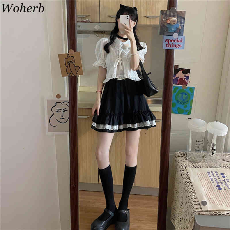 White Shirt Women Preppy Style Blusas Peter Pan Collar Puff Sleeve Lady Blouses Sweet Bow Drawstring Chic Tops Korean 210519