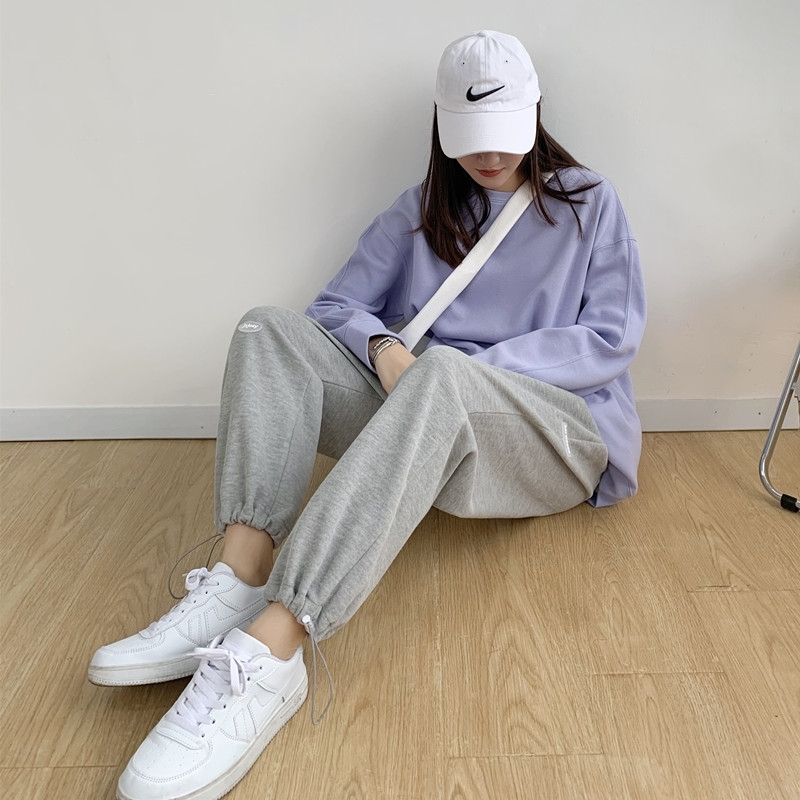 Gray Wide-Legged Pants Women 's Spring Autumn Straight High Waist Drooping Leisure Outerwear Sweatpants Korean Style Pants 210515