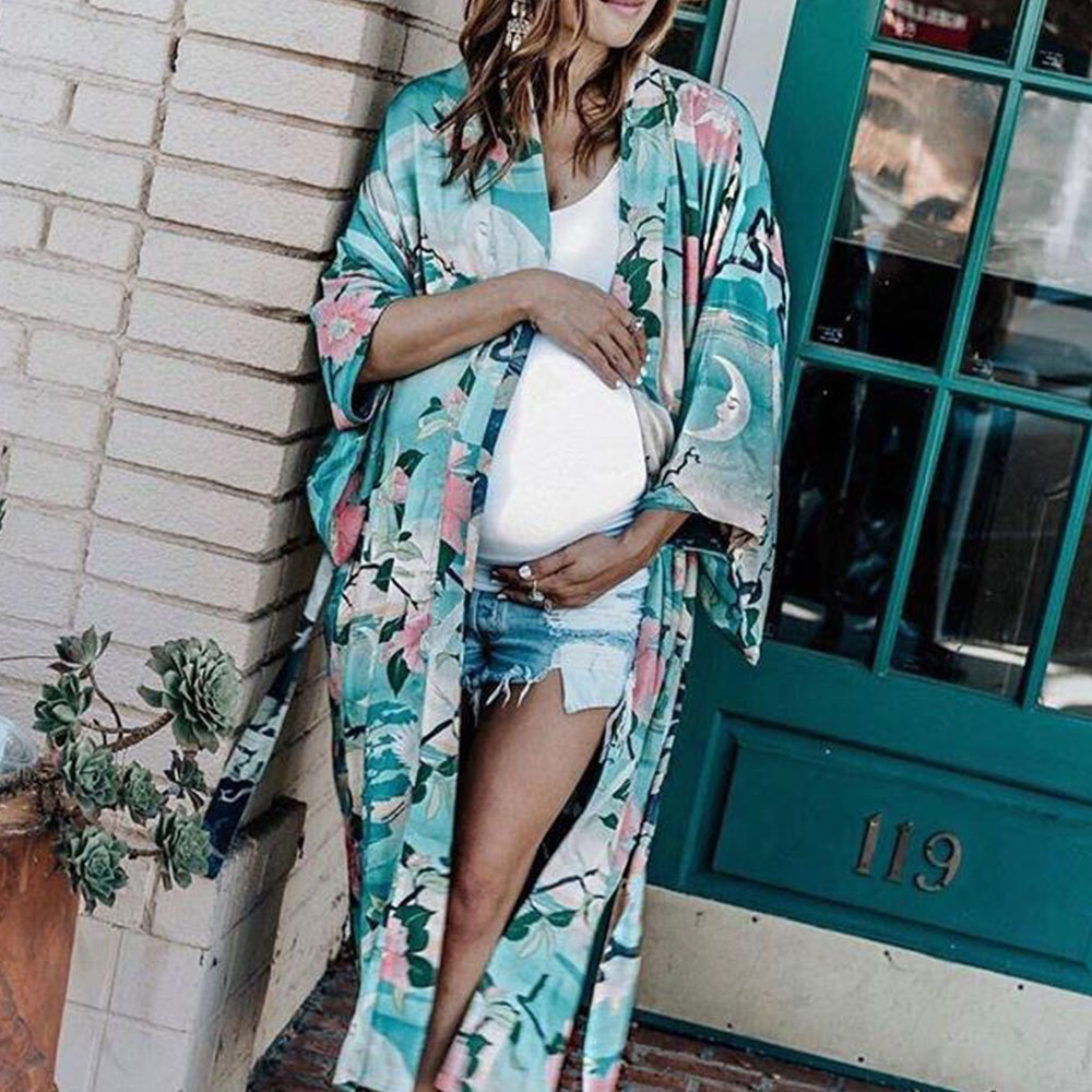 Red-Crowned Crane Print Women Long Cardigan Swimwear Oversize Beach Boho Flare Sleeve Holiday Bikini Outing Sexy Blouse 210428