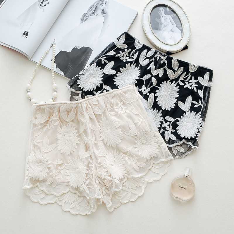 Summer Plus Size Crochet Lace Chiffon Fabric Short Elastic Waisted Micro Style Flower Mini Short Mujer Beach pants 210601, White 
Summer Plus Size Crochet Lace Chiffon Fabric Short Elastic Waisted Micro Style Flower Mini Short Mujer Beach pants 210601, White