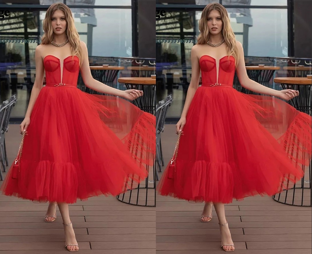 Lovely Red Tea Length Bridesmaid Dresses A line Unique Neckline Designer Tulle Satin Corset Back Ruched Beach Style Country Prom Evening Party Dress
Lovely Red Tea Length Bridesmaid Dresses A line Unique Neckline Designer Tulle Satin Corset Back Ruched Beach Style Country Prom Evening Party Dress