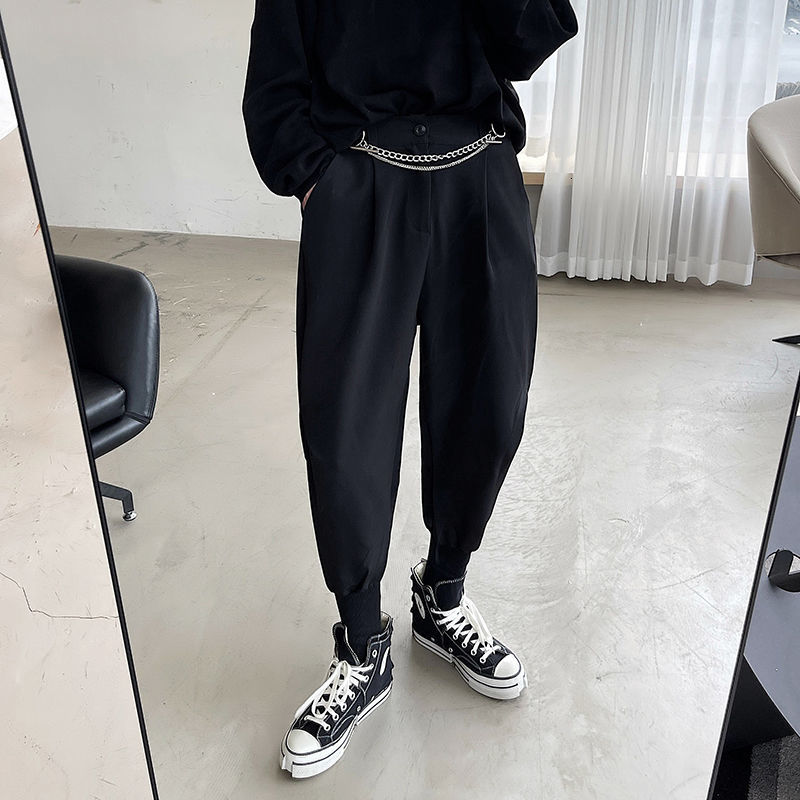 IEFB Men's Causal Pants Personalized Niche Turnup Pants Black Loose Streetwear Chian High Waist Trousers 9Y6695 210524