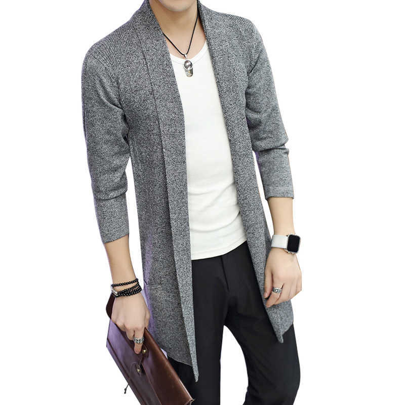 Autumn Winter Fashion Long Men's Knitted Cardigan Jacket -sleeved Solid Color Stretch Trendy 211008