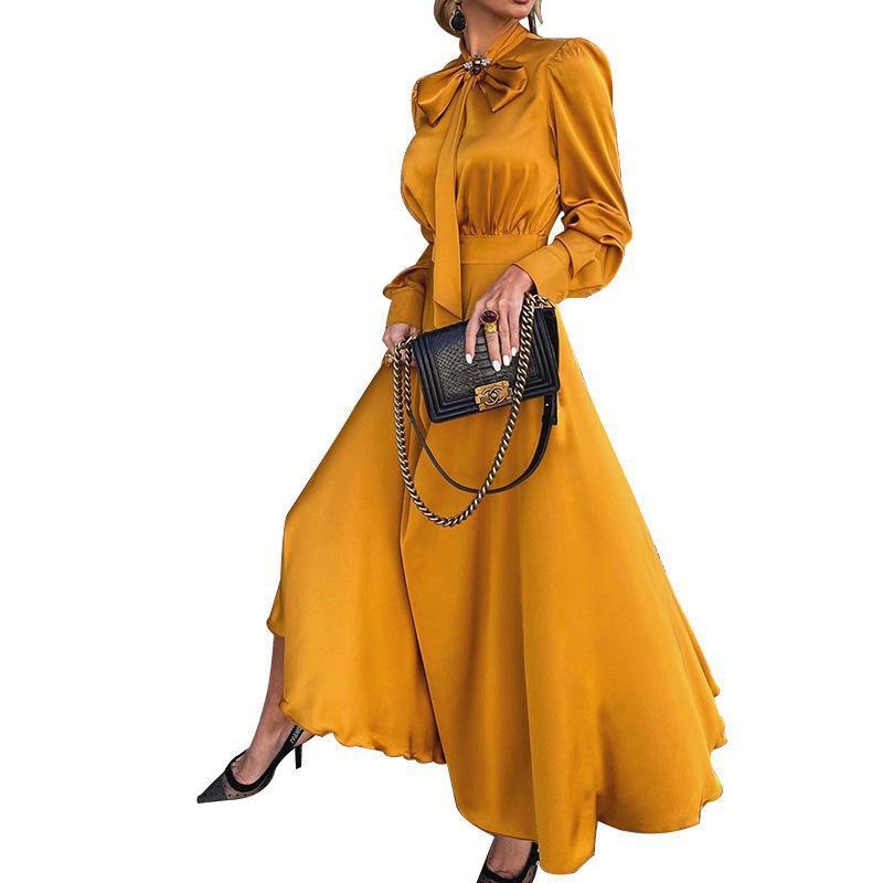 Women Dress Temperament Bow Tie Maxi Long Sleeve High Waist Large Hem Ladies es Black Red Autumn 210524