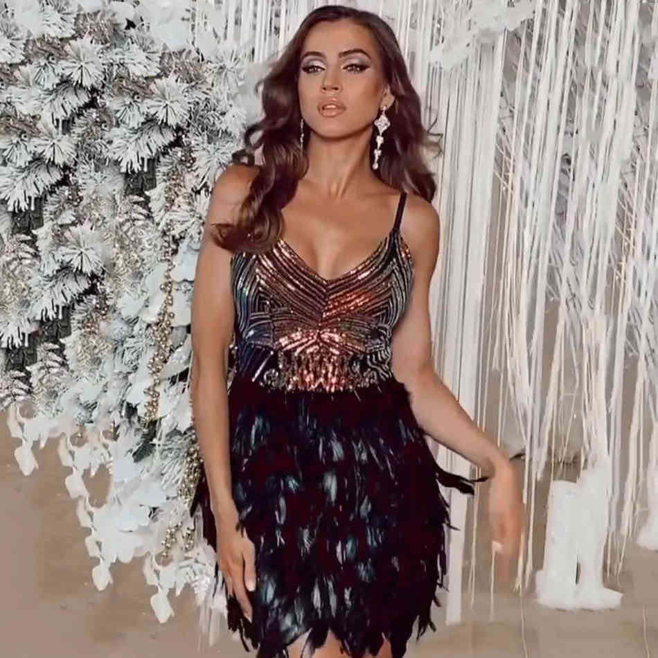Free Summer Women Spaghetti Strap Black Feathers Dress Sexy V Neck Sequins Party Evening Celebrity Runway Dresses 210524