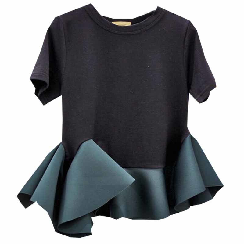 Black Stitching Ruffled Short-Sleeved T-Shirt Women's Summer Dress New Korean Office Lady Student Chic Tees GD007 210406