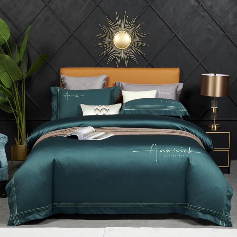High Density Cotton Series Noble Green Bedding Set Simple Solid Color Duvet Cover 1.5/1.8m Bed Embroidery Pillowcase Sets