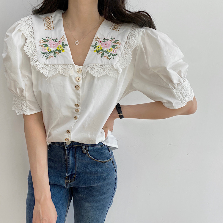 Summer Retro Elegant Gentle Fashion Heavy Industry Embroidery Flowers Splicing Lace Ladies Puff Sleeve Sweet Shirt 210515