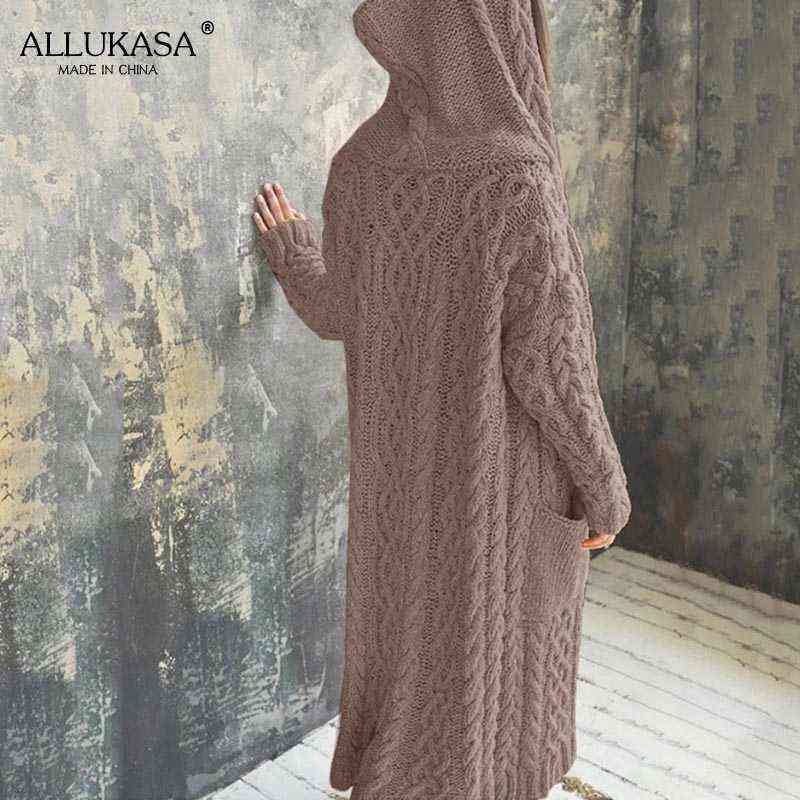 Pure color plus size long knitted cardigan women's hooded long-sleeved casual loose oversized knitted jacket for fall/winter 211117