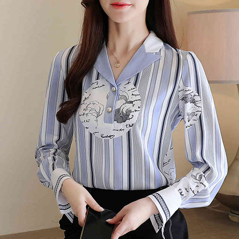 Style Clothing Long Sleeve Print Shirt Women Striped Office Lady Blouse Busas Elegantes Tops Clothes 8455 50 210506