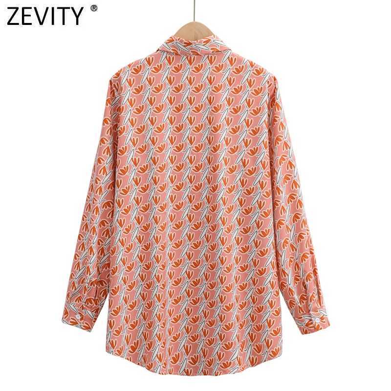 Zevity Women Vintage Turn Down Collar Floral Print Shirts Office Ladies Long Sleeve Business Blouse Chic Female Tops LS9170 210603