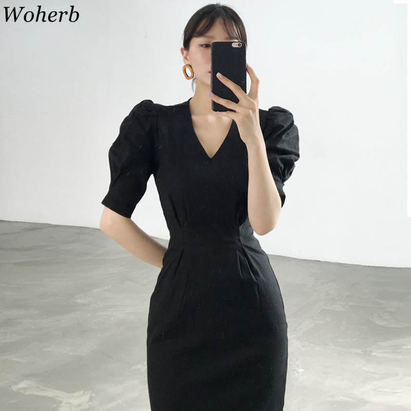 Korean Dress Women Chic Summer Elegant Robe V Neck Pleated Slim Vestidos Temperament Puff Sleeve Bodycon Maxi Dresses 210519