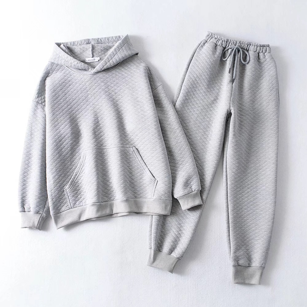 2 Pieces Set Streetwear Quilted Plaid Hooded Sweatshirt Front Pockets Women Hoodies Elastic Waist Sport Pants Causal Jumper Gray 210429