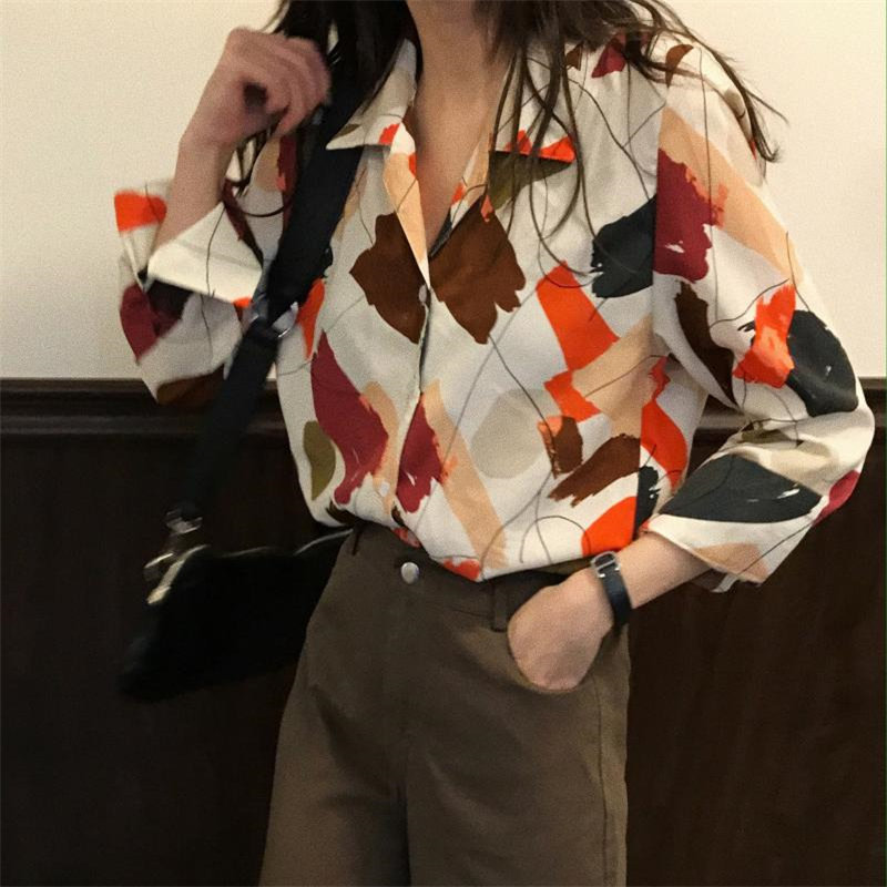 Vintage Elegant Basic OL Shirt Print Women Stylish Autumn Blouses Long Sleeve Loose Office Ladies Tops Female 210421