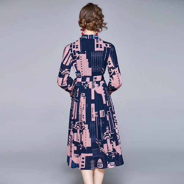 Spring Women Office OL Turn Down Collar Geometry Printed Chiffon Pleated Dress Female Elegant Casual Midi Vestidos 210519