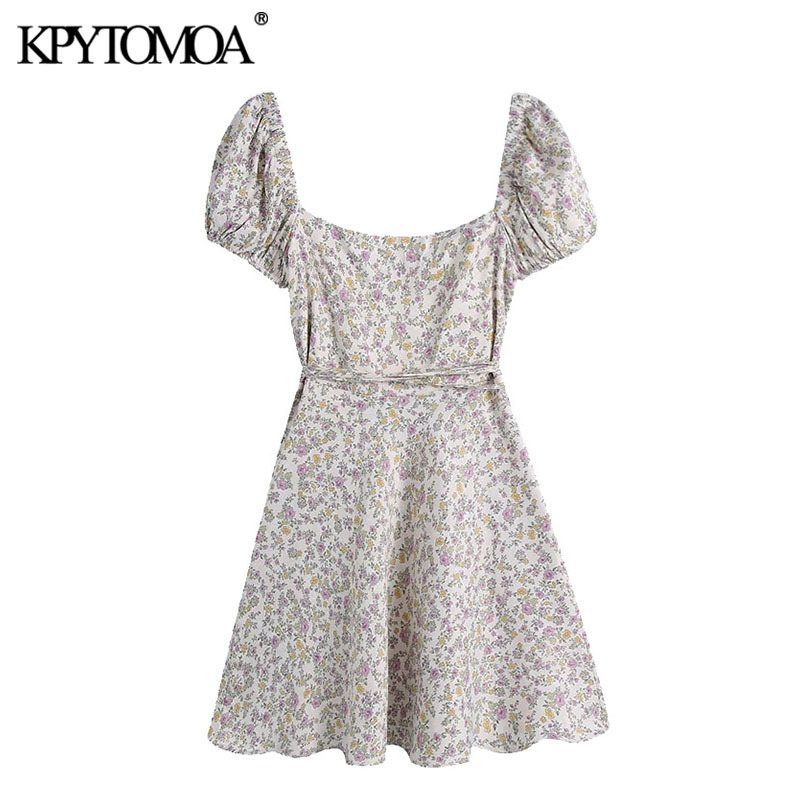 Women Chic Fashion With Belt Floral Print Wrap Mini Dress V Neck Puff Sleeve Female Dresses Vestidos Mujer 210420