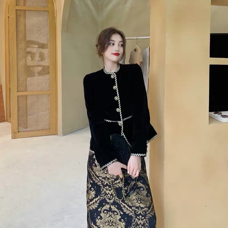 vintage autumn winter two pieces set ruffles single brested buttons black jacket tops printed pencil skirt women sets 210421