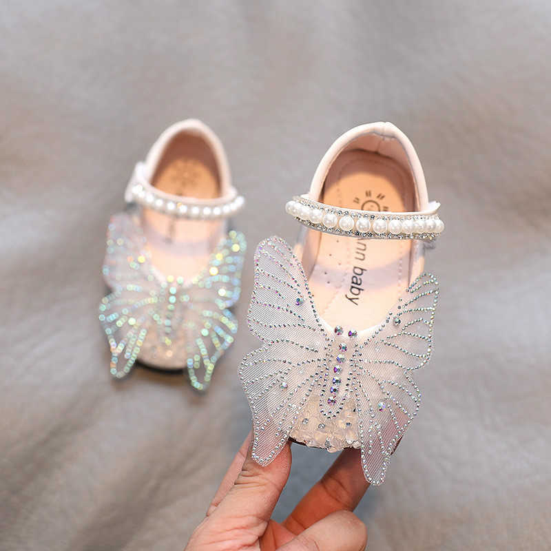 Toddlers Baby Girls Shoes Kids Leather Shoes For Wedding Party Performance Lace Butterfly Rhinestone Bling Pearls Beading X0703