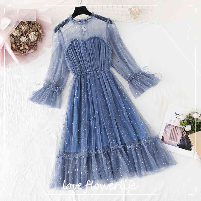 Women Summer Stars Sequins Mesh Dress Lotus Leaf Collar Lace Female Flare Sleeve Sweet A-line Dress Vintage Vestidos 210521, Light blue
Women Summer Stars Sequins Mesh Dress Lotus Leaf Collar Lace Female Flare Sleeve Sweet A-line Dress Vintage Vestidos 210521, Light blue