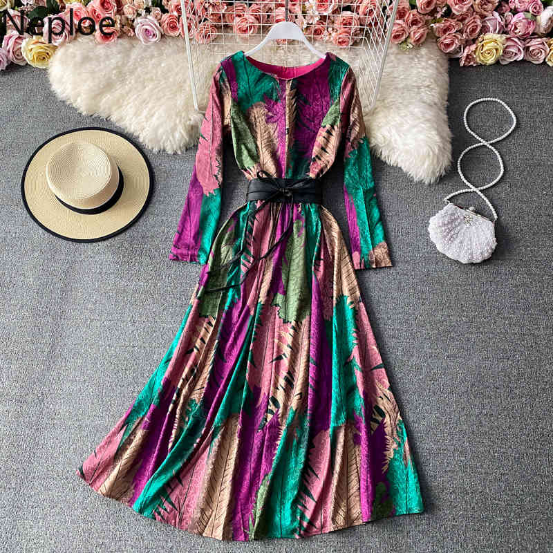 Neploe Maxi Dresses for Women O-neck Long Sleeve Print Vestidos Mujer Beach Style Lace Up Slim Waist Big Swing Elegant Dress 210422