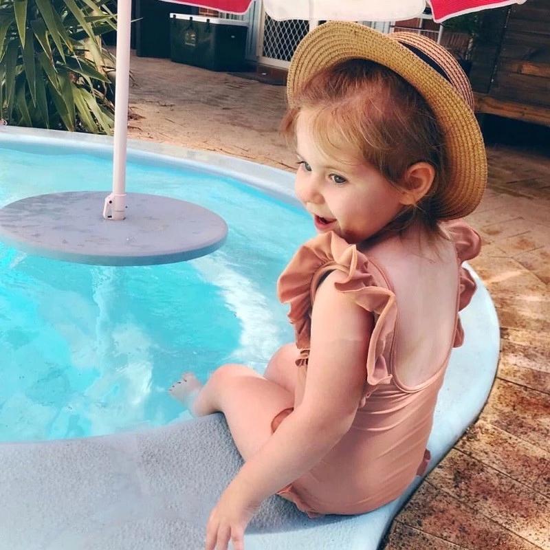 One-Pieces 2 Colors Baby Girls One-Piece Swimwear Fashion Ruffle Sleeve Kids Backless Swimsuit Summer Beach Bikini Child