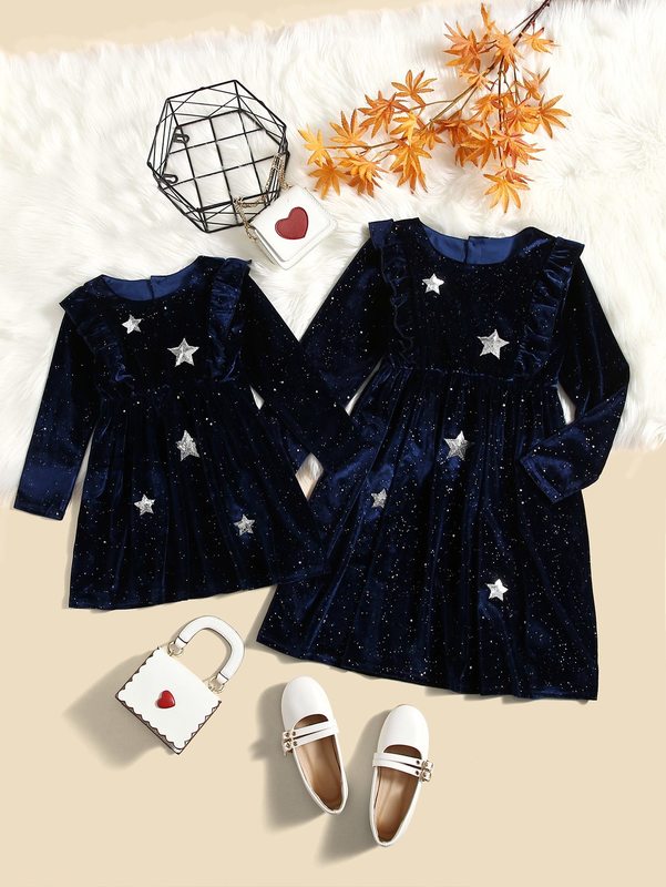 Girls 1pc Sequin Insert Star Pattern Ruffle Trim Velvet Dress SHE