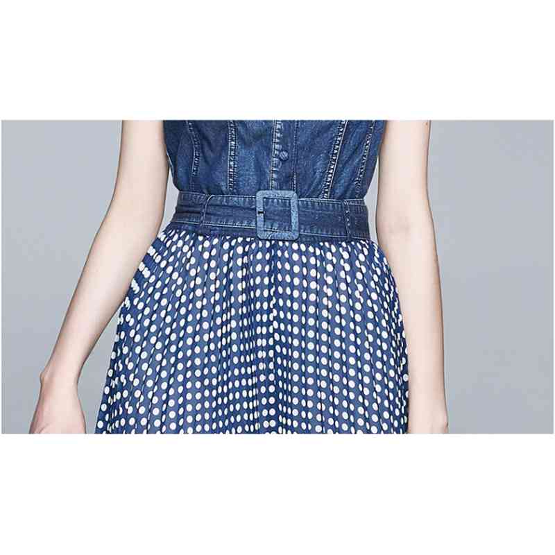 Fashion Women Summer Elegant Denim Dress Femme Vintage Dot Patchwork Runway Sleeveless Long Vestidos 210520