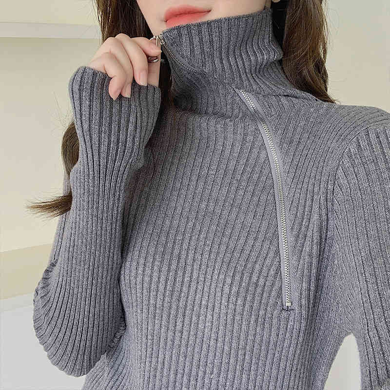 Colorfaith New Women's Knitwears Autumn Winter Slim Warm Turtleneck Pullover Minimalist Zipper Bottomings Lady Tops SW6082 210413