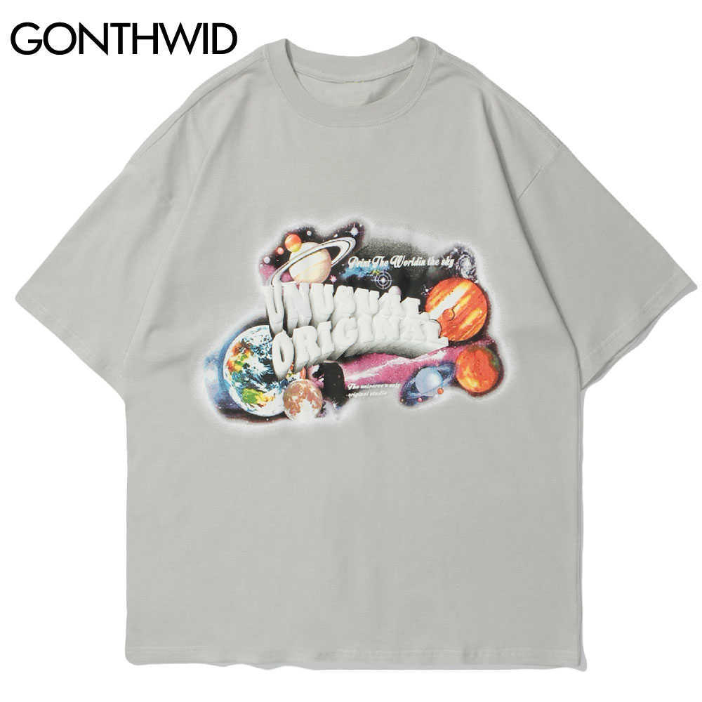 GONTHWID Tshirts Streetwear Universe Galaxy Planets Print Short Sleeve Tees Shirts Men Harajuku Hip Hop Casual Tops 210629