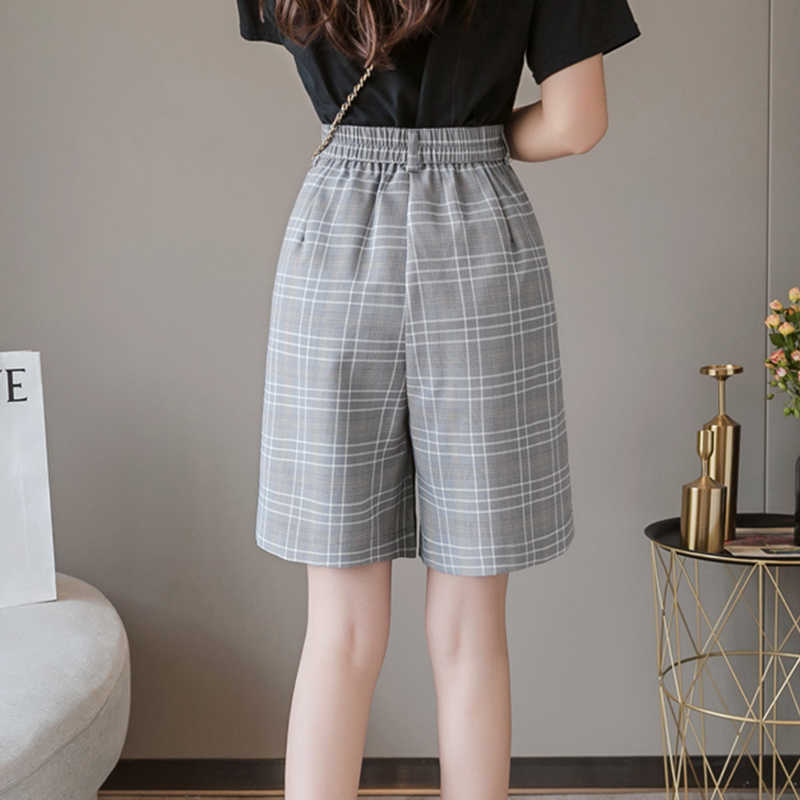 S-3XL Sashes Booty Shorts High Waist Summer Vintage Plaid Wide Leg Suits Short Women Elegant All Match Straight Belt Girl 210601