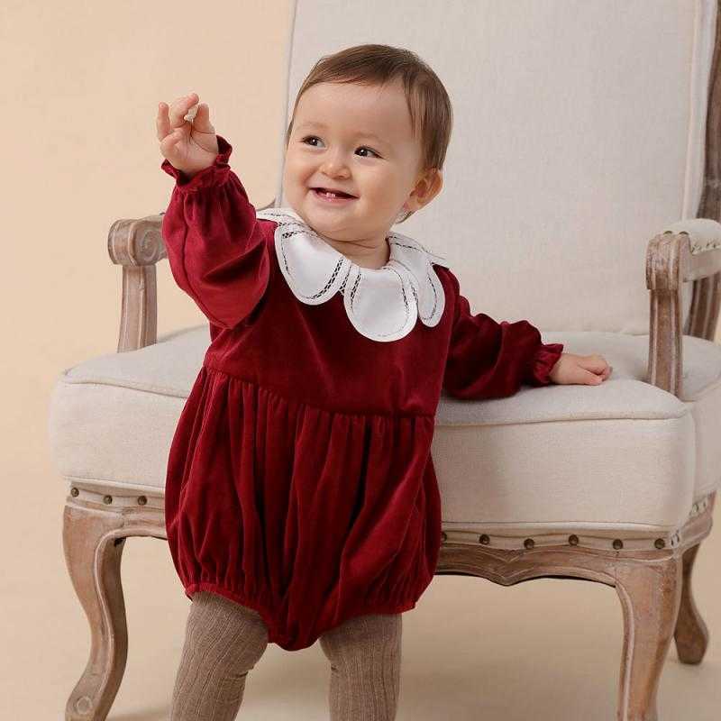 Smocked Romper For Baby Boy Girls Year Outfit Toddler Girl Velvet Boutique Jumpsuit Petal Collar infant Smocking Clothes 210615