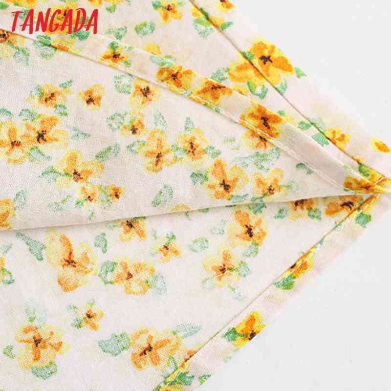 Summer Women Yellow Floral Print French Style Puff Short Sleeve Ladies Midi Dress Vestidos 5Z36 210416