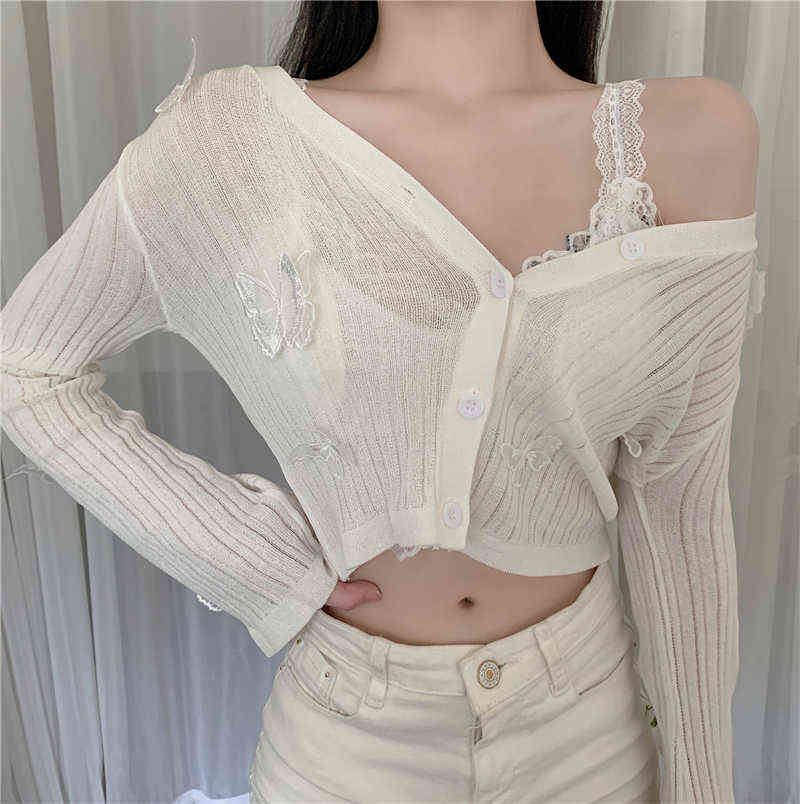 Butterfly Knit Cardigans Women Korean Sexy V-Neck Fitness Crop Tops Ladies Summer Thin Long Sleeved Sunscreen Jackets 211117