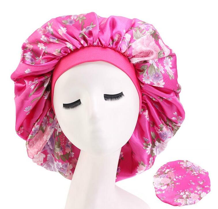 Large Print Satin Silky Bonnet Sleep Cap Width Elastic Band for Women Solid Color Head Wrap Lady Hair Accessories GC819