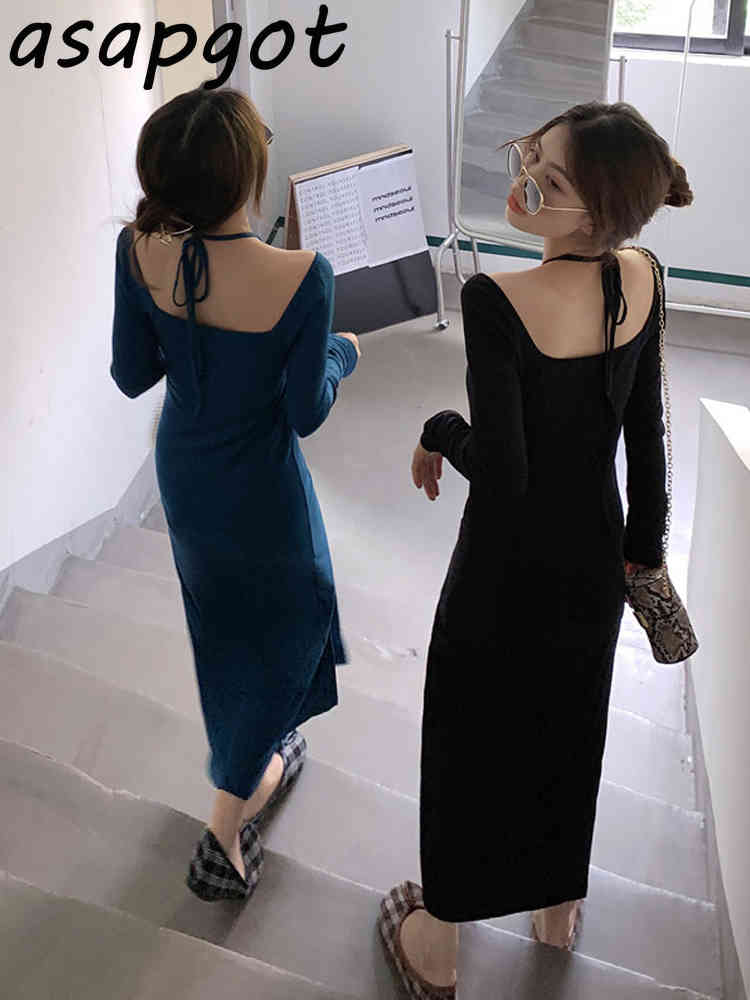 Vintage Halter Off The Shoulder Knitted Dress Long A Line Sleeve Split Sweater Lady Temperament Fashion Solid Chic 210429