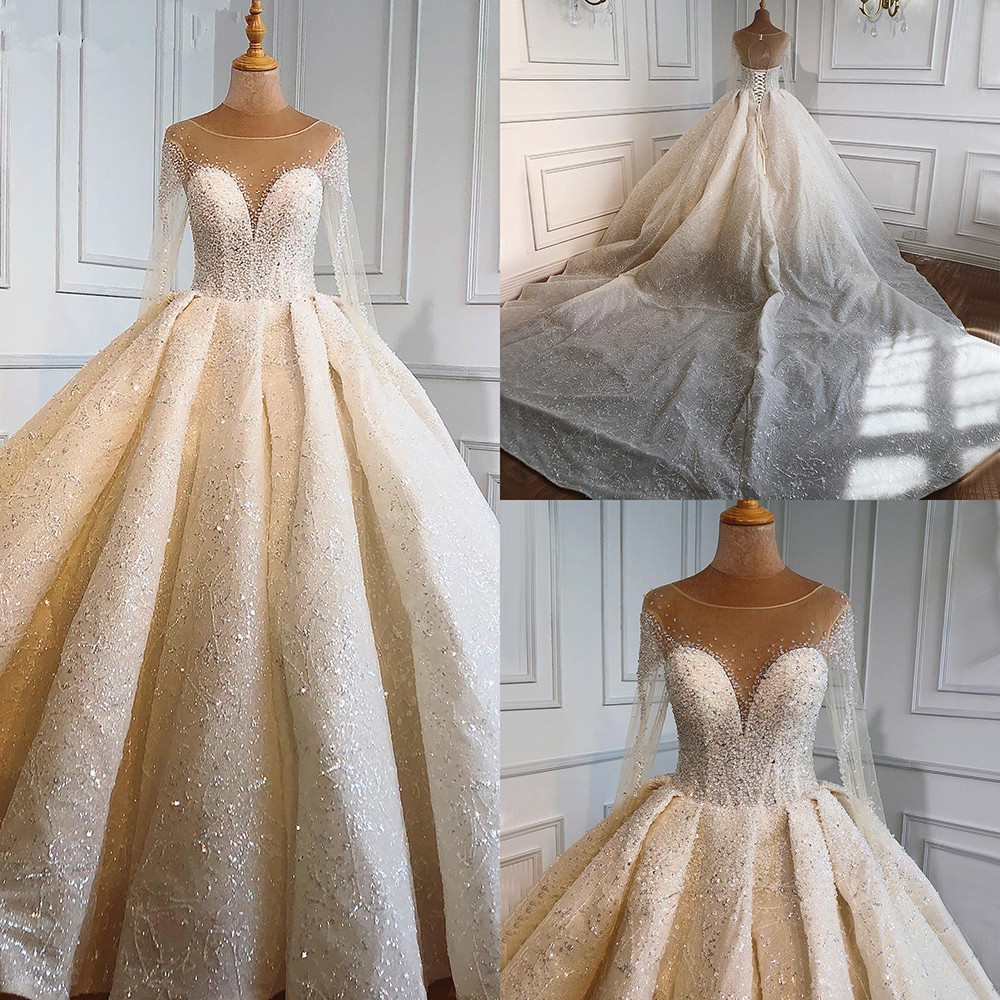 Sparkle High-end Sexy Wedding Dresse Appliques Scoop Neck Brush Train Long Sleeves Custom Made Bridal Dresses Vestido De Novia